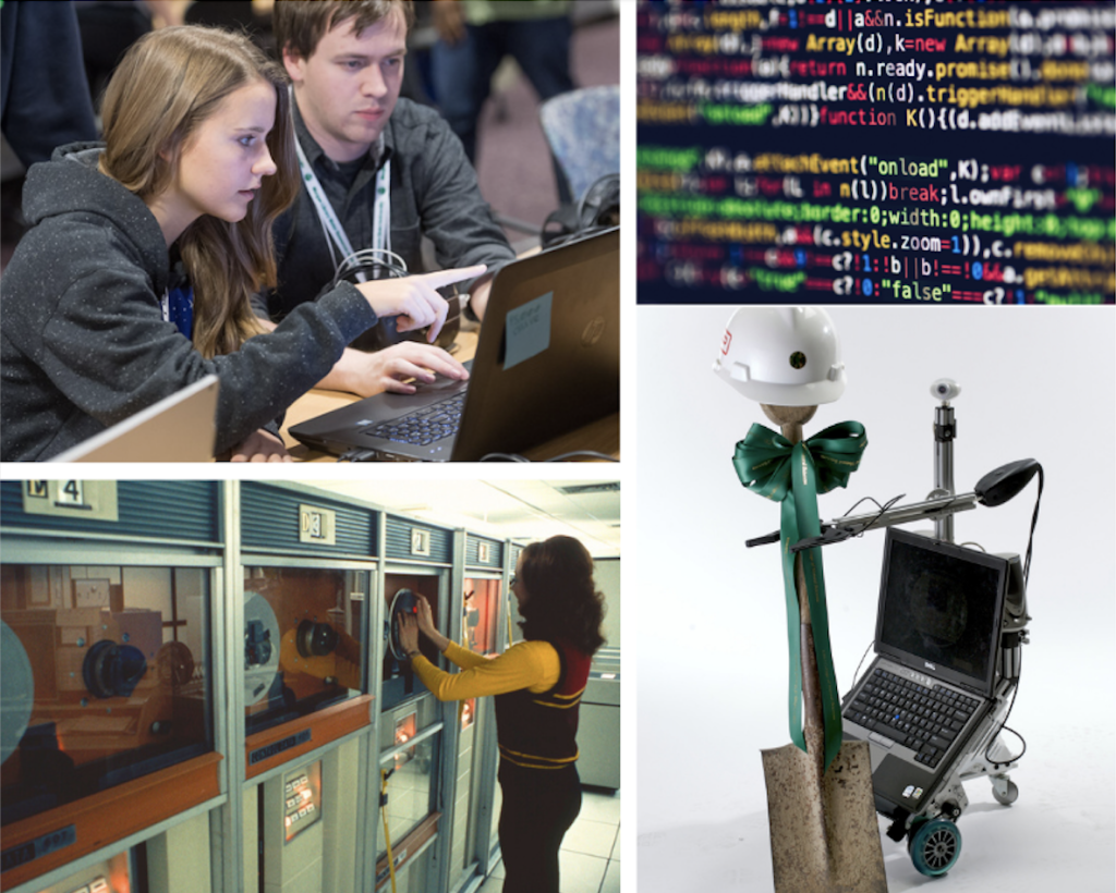 A graphic containing computer science images - two students working on a computer, computer code, a person in front o of large computer equipment, and a robot. 